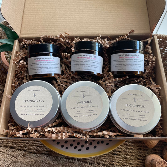 Discovery Gift Set - Three Essential Oil Candles and Restorative Salt Scrubs